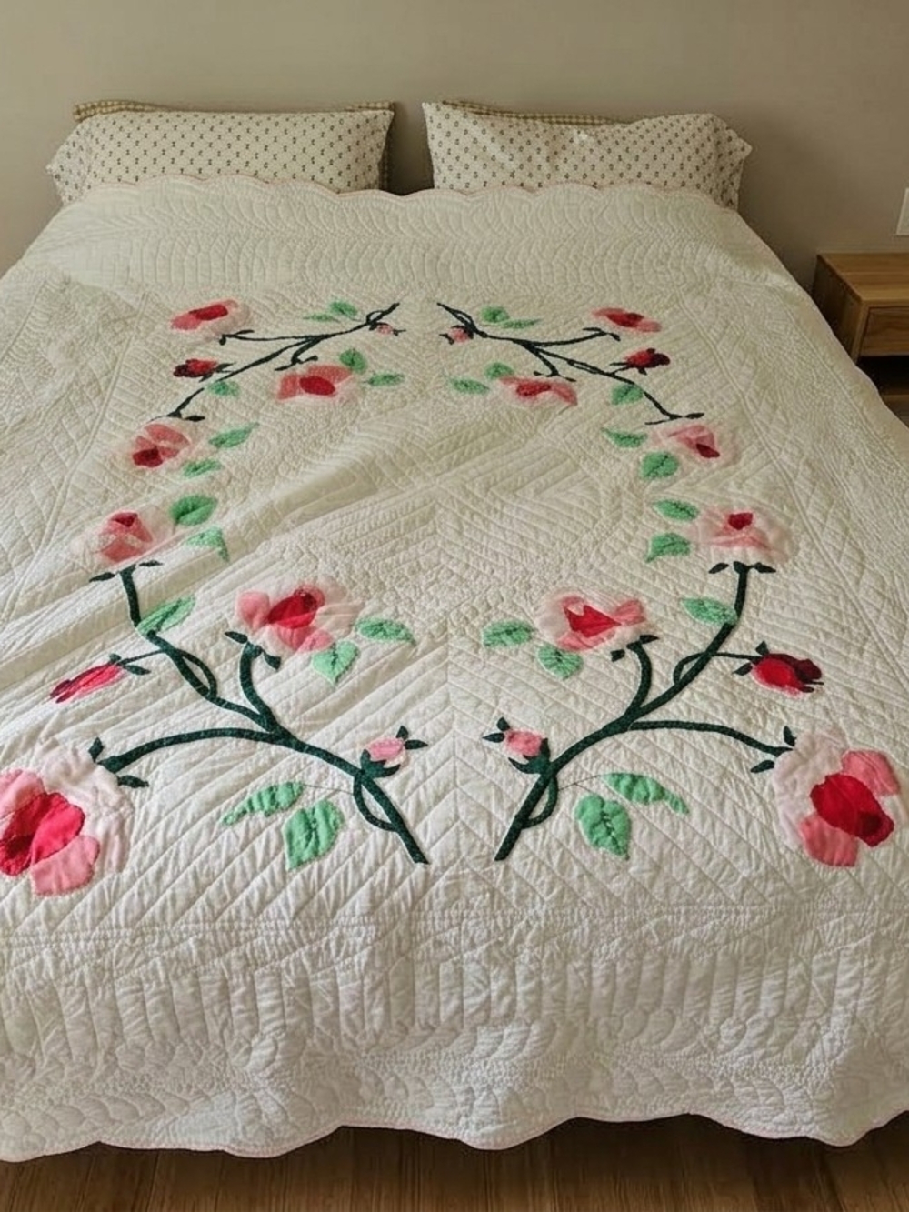 White Floral Appliqué Quilt Bedspread - Pink & Green